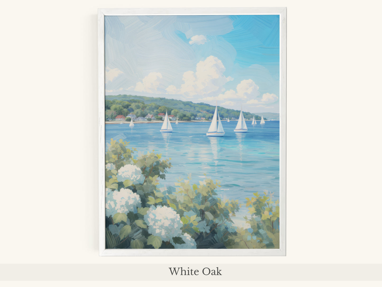 White Hydrangeas Sailboats Lake Scene - White Oak Frame
