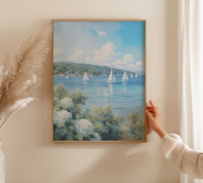 White Hydrangeas Sailboats Lake Scene - Room Mockup