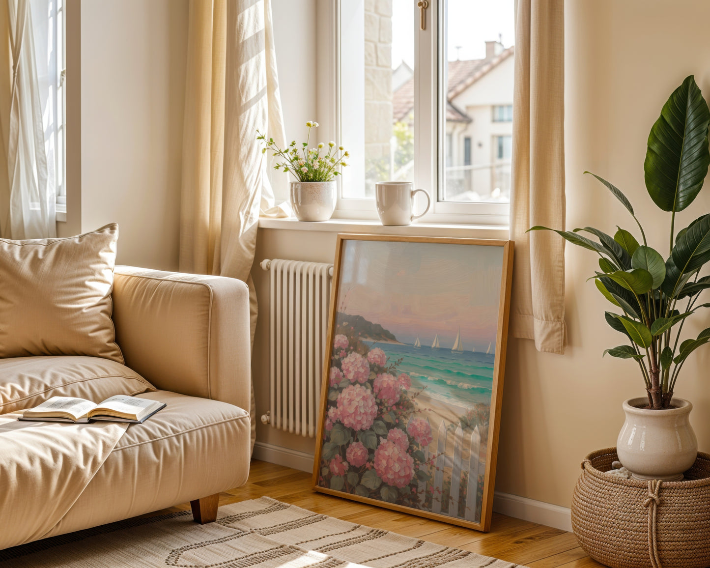 Pink Hydrangeas Sailboats Coastal